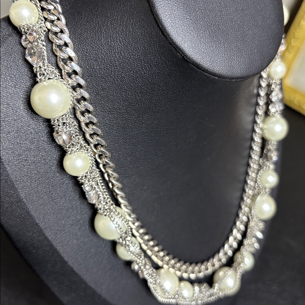 Givenchy Statement Layered Faux Pearl Rhinestone Chain Necklace Luxury - Picture 6 of 9
